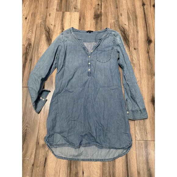 Express Womens LG Chambray Denim Tunic Top Long Sleeve Roll Tab Button-Up V-Neck - Picture 1 of 10